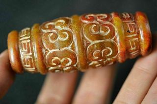 66mm Long Bead Chinese Old Jade carved Retro Fret Design Pendant J23 3