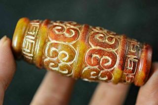 66mm Long Bead Chinese Old Jade carved Retro Fret Design Pendant J23 4