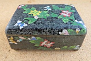 Antique Chinese Cloisonne Enamel Brass Floral Black Footed Blue Hinged Box
