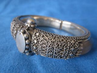 Antique Heavy Sri Lanka Solid Silver And Rock Crystal Bangle Bracelet