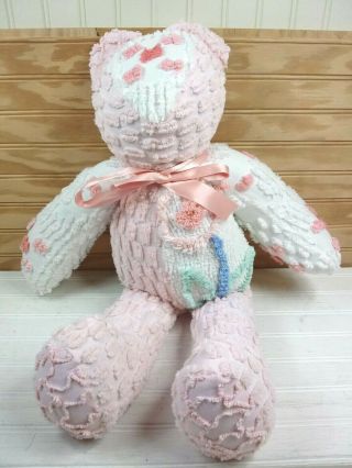 Vintage Chenille Blanket Teddy Bear Handmade Pink White Bedspread Plush 20 " Doll