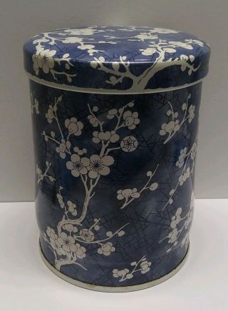 Vintage Daher Cherry Blossom Blue & White 4 7/8 " Tall Decorative Tin England