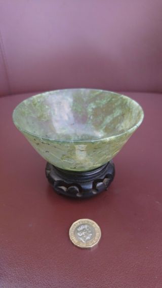 Delicate Antique Chinese Jade Bowl On Hardwood Stand