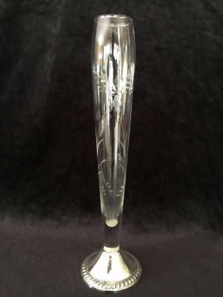 Duchin Creation Weighted 925 Sterling Silver Etched Glass Bud Vase,  9 1/2 " Tall