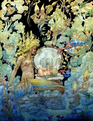 Mermaid Ocean Baby Sea Imps Clam Shell Deep Sea Fish Vintage Canvas Art Print