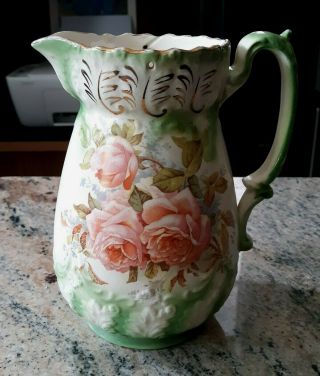 Antique Stoke On Trent Staffordshire Hand Painted Floral Porcelain Pitcher