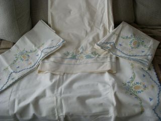 Vintage Embroidered Linen Sheet Bolster Pillow Cover & Pair Pillowcases