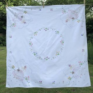 Vintage Hand Embroidered Linen Tablecloth Crinoline Lady Garden Flowers 50”x50”