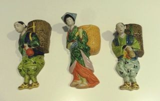 3 - Antique Japanese Banko Ceramic Wall Pockets Vases Japan - 2 Men 1 Woman