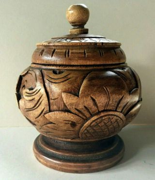 Vintage Treen Hand Crafted Deep Carved & Turned Balinese Trinket Jar Pot