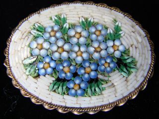 Antique Brooch Pin Micro Mosaic Millefiori Blue Flowers Italian Jewelry 1 3/4 "
