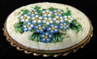 Antique Brooch Pin Micro Mosaic Millefiori Blue Flowers Italian Jewelry 1 3/4 