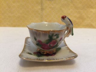 Antique Porcelain Tea Cup & Saucer Set W/ Florals & Bird Miniature Made In Japan