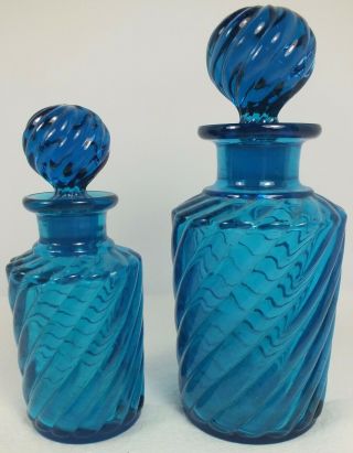 2 Vintage Baccarat Blue Glass Swirl Pattern Perfume / Cologne Bottles W Stoppers