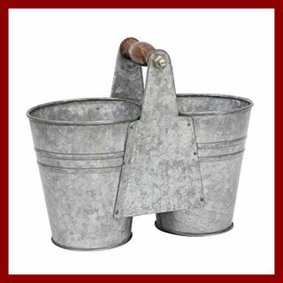 Small Antique Galvanized Metal Double Bucket W Wooden Handle Country Rustic Farm