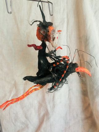Handsculpted Primitive Creepy Halloween Punkin Witch Riding Raven 7”