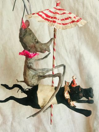 Handsculpted Primitive Creepy Decked Out Circus Rhino Riding Carousel Pig 8”