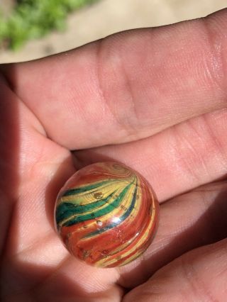 Early Antique 13/16” German Red Orange Yellow Green Onion Skin Marble Fantastic
