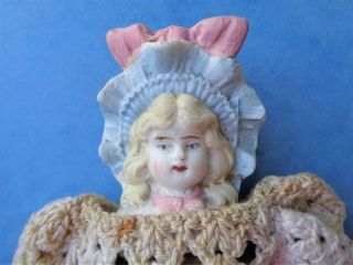 7 " Miniature Antique Dollhouse Doll German Parian Head Molded Blue Bonnet Ruffle