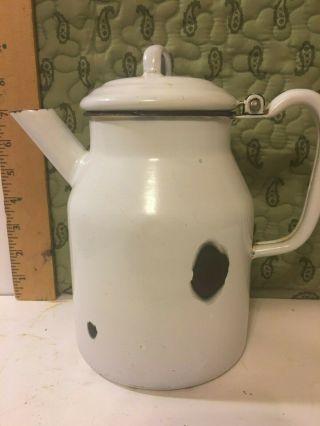 Antique Enamelware Coffee Pot With Black Trim - 8 " Tall