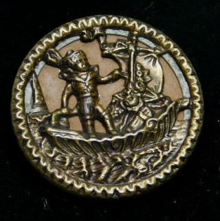Antique Vtg Metal Fable Button Boy In A Clam Shell Sail Boat D17