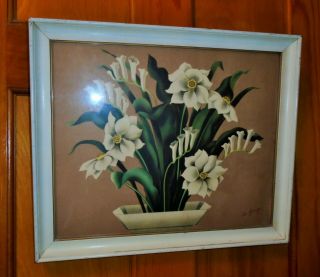 Vintage 1930s 40s Stylized Art Deco Jonquil Daffodil Orig.  Print & Frame De Jong