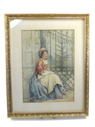 Antique 19th Century Continental Watercolour Portrait Painting Italian Lady