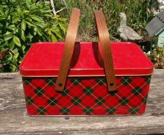 Vintage Lithograph Plaid Cookie Tin Box Picnic Basket Wood Handled Stackable Old
