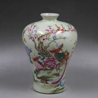 6 " China Antique Porcelain Qing Tongzhi Famille Rose Painting Phoenix Peony Vase