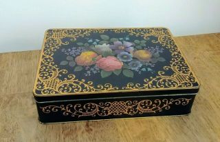 Vintage Ornate Black Gold Floral Cookie Biscuit Candy Tin Storage Container
