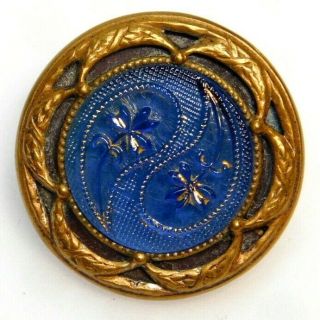 Antique Vtg Button Blue Victorinan Lacy Glass In Brass 7/8 B3