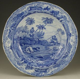 Antique Pottery Pearlware Blue Transfer Spode Indian Sporting Soup 1810 Perfect