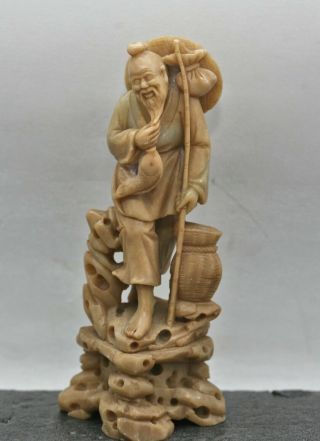 Finely Carved Vintage Chinese Soapstone Figure Of A Fisherman Statue Circa 1920s