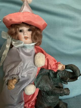 Antique German 7.  5” Bisque Head Paper Mache Body Doll In Clown Suit Mohair Wig
