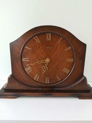 Vintage Art Deco English Dark Oak Smiths Enfield Mantle Clock/