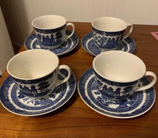 Set Of 4 Antique Churchill Blue Willow Ware Tea Cup And Saucer England