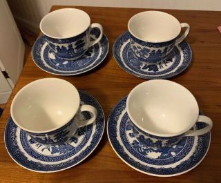 SET OF 4 Antique Churchill Blue Willow Ware tea Cup and Saucer England 2