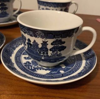 SET OF 4 Antique Churchill Blue Willow Ware tea Cup and Saucer England 3