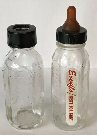 Two Vintage 3” Glass Evenflo Baby Bottles – For Doll Or Pet