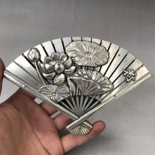 Old Chinese Ancient Silver Copper Fan Shape Incense Burner
