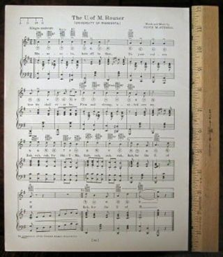 University Of Minnesota Vintage Song Sheet C 1929 " U.  Of M.  Rouser " -
