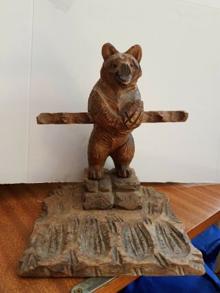 Vintage Carved Wooden Black Forest Bear Pipe Stand Desk Rack Art Antique Restore