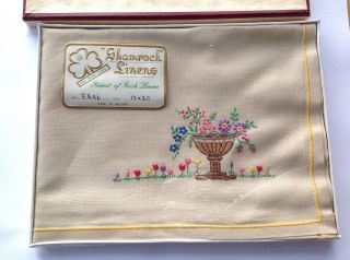 Vintage Hand Embroidered Fawn Linen Tray Cloth Table Centre 13x20 " Boxed