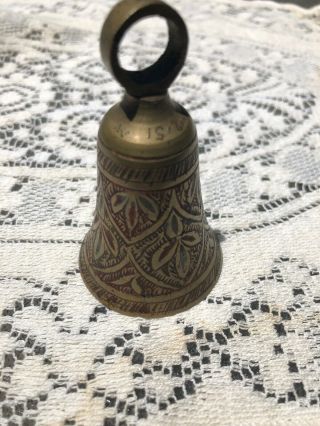 Vtg Brass Bell Made In India Engraved Red Blue Antique Home Decor