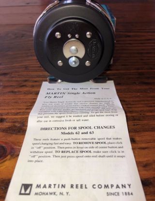 Vintage Martin Fly Fishing Reel Model No.  63 Made In Usa - Nib With Papers