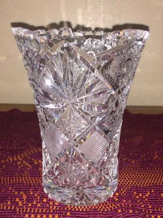 Vintage Cut Etched Heavy Lead Crystal 6 " Flower Vase,  Saw Tooth Rim