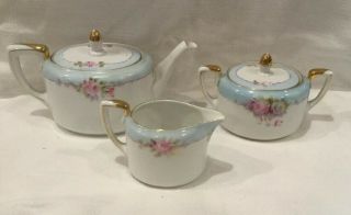 Antique Vintage Noritake M Japan Floral Blue Gold Tea Set - Teapot/cream/sugar