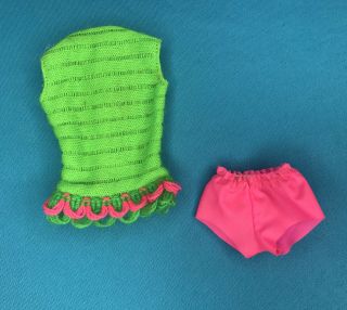 Vintage 1968 Talking Christie Barbie Doll Swimsuit Green Knit Top,  Pink Shorts