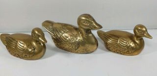 Set Of 3 Vintage Solid Brass Mini Ducks