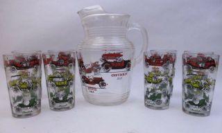 Antique Car Set Of 8 Mid Century Water Glass Tumbler W/ Matching Pitcher